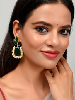 Silvermerc Designs - Gold Plated Green Beaded Leaf Design Floral Earrings