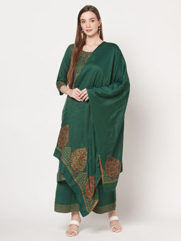 Safaa - Women Winter Acro Wool Woven Suit With Stole Unstitched Dress Material-Green