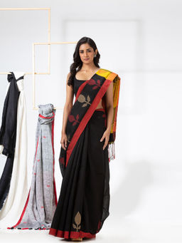 Angoshobha - Black Cotton Blended Festive Handloom Saree with Unstitched Blouse