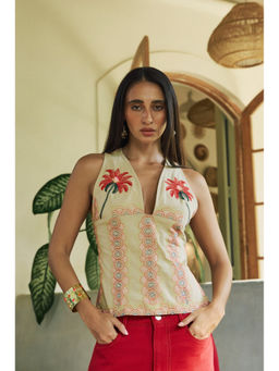 Essgee - Beige Cocou Embroidered Plunging Neck Top
