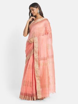Fabindia - Pink Cotton Silk Chota Butta Hand Block Printed Saree without Blouse