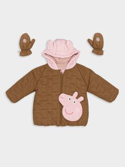 Mi Arcus - Solid Brown Peppa Pig Patch Work Design Jacket with Mittens (6-9 Months)