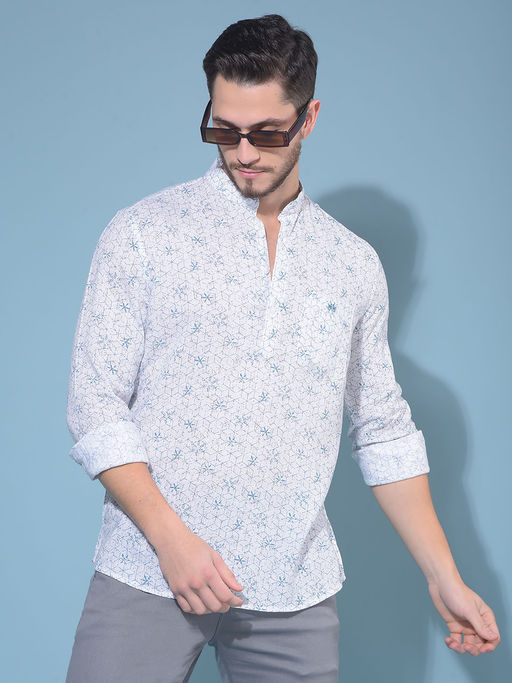 CRIMSOUNE CLUB Mens White Floral Print Linen Short Kurta