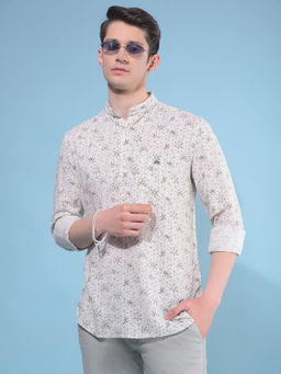 CRIMSOUNE CLUB - Mens Beige Floral Print Linen Short Kurta