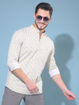 CRIMSOUNE CLUB - Mens Olive Floral Print 100% Cotton Short Kurta