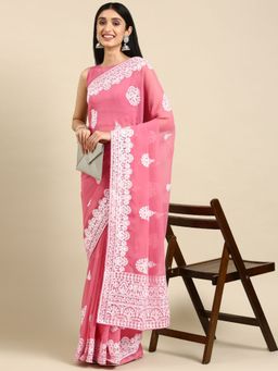 VAIRAGEE - Peach Georgette with Lucknowi Work Saree with Unstitched Blouse