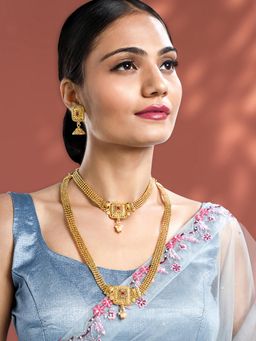 Peora - Gold Plated Stone Pearl Maharani Haar and Long Necklace with Jhumki for Women (Set of 4)