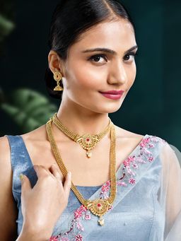 Peora - Gold Plated Maharani Haar Short and Long Necklace with Jhumki Earrings Bridal (Set of 4)