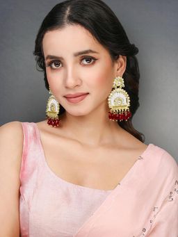 Peora - Gold Plated Maroon Kundan and Beads Studded Earrings Ethnic Jewellery