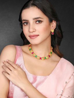 Peora - Gold Plated Rani Pink Green Synthetic Stone Studded Necklace Drop Earrings (Set of 2)