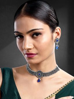 Peora - Rhodium White Blue Synthetic Stone Studded Necklace Drop Earrings (Set of 2)