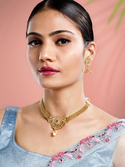 Peora - Gold Plated Pearl Studded Necklace and Jhumki Earrings Ethnic for Women (Set of 2)