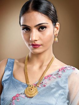 Peora - Gold Plated Synthetic Stone Studded Long Necklace and Jhumki Earrings for Women (Set of 2)