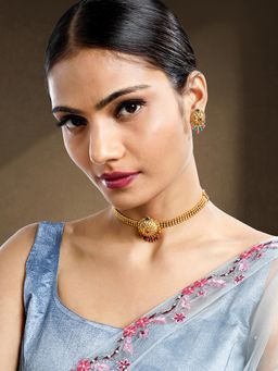 Peora - Rani Pink Green Synthetic Stone Studded Necklace Earrings (Set of 2)