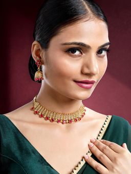 Peora - Gold Plated Rani Pink Synthetic Stone Studded Necklace Jhumki Earrings (Set of 2)