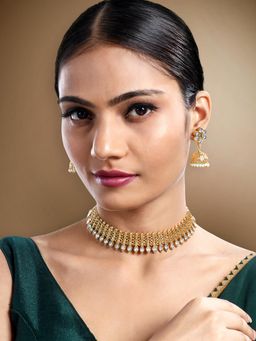Peora - Gold Plated White Synthetic Stone Studded Necklace Jhumki Earrings (Set of 2)