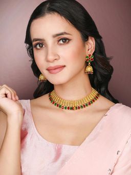 Peora - Gold Plated Red Green Synthetic Stone Studded Necklace Jhumki Earrings for Women (Set of 2)