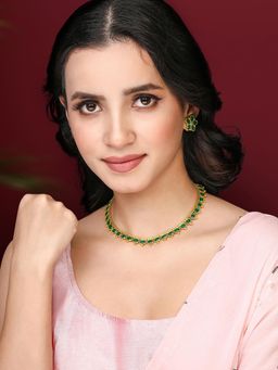Peora - Gold Plated Green Synthetic Stone Studded Necklace Stud Earrings for Women (Set of 2)