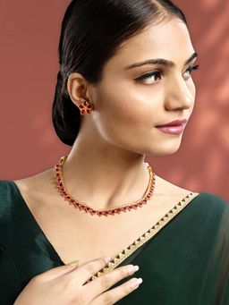 Peora - Gold Plated Rani Pink Synthetic Stone Studded Necklace Earrings for Women (Set of 2)