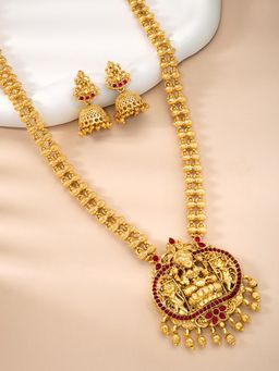 Peora - Gold Plated Rani Pink Synthetic Stone Studded Long Necklace Jhumki Earrings (Set of 2)