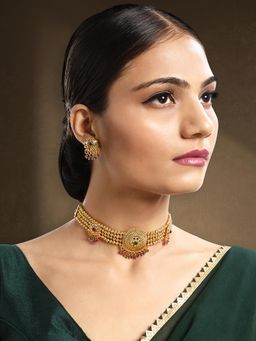 Peora - Gold Plated Red Green Synthetic Stone Studded Necklace Earrings (Set of 2)