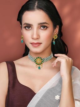 Peora - Gold Plated Green White Synthetic Stone Studded Necklace Drop Earrings (Set of 2)