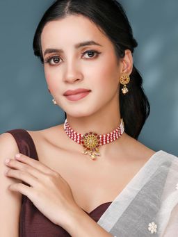 Peora - Rani Pink White Synthetic Stone Studded Necklace Drop Earrings (Set of 2)