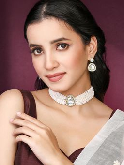 Peora - Gold Plated White CZ Crystal and Beads Studded Necklace Earrings for Women (Set of 2)