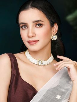 Peora - Gold Plated White CZ Crystal and Beads Studded Necklace Stud Earrings for Women (Set of 2)