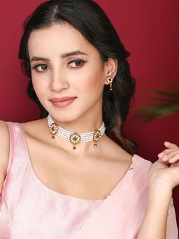 Peora - Gold Plated Maroon Green Kundan and Beads Studded Necklace Earrings for Women (Set of 2)