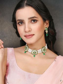 Peora - Gold Plated Green Kundan and Beads Studded Necklace Earrings for Women (Set of 2)