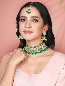 Peora - Gold Plated Green Kundan and Beads Studded Necklace Earrings and Maangtikka (Set of 3)