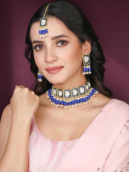 Peora - Blue Synthetic Stone Studded Choker Necklace Earrings and Maangtikka (Set of 3)