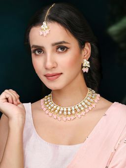 Peora - Gold Plated Pink Kundan and Beads Studded Necklace Earrings and Maangtikka (Set of 3)