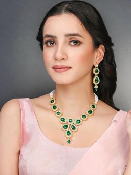 Peora - Gold Plated Green Synthetic Stone Studded Necklace Drop Earrings (Set of 2)
