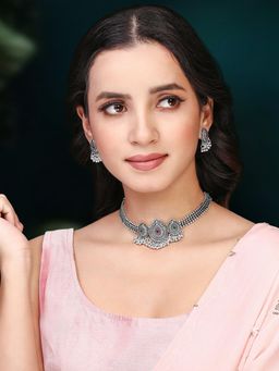 Peora - Silver Plated Rani Pink Green Synthetic Stone Studded Necklace Earrings Oxidized (Set of 2)