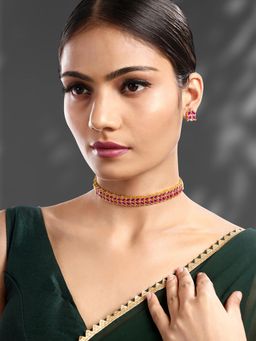 Peora - Gold Plated Rani Pink Synthetic Stone Studded Necklace Stud Earrings for Women (Set of 2)