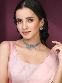 Peora - Silver Plated Rani Pink Green Synthetic Stone Studded Necklace Earrings Oxidized (Set of 2)