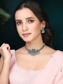 Peora - Silver Plated Rani Pink Green Synthetic Stone Studded Necklace Earrings Oxidized (Set of 2)