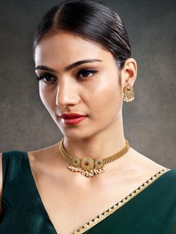 Peora - Rani Pink Green Synthetic Stone Studded Necklace Earrings (Set of 2)