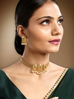 Peora - Rani Pink Green Synthetic Stone Studded Necklace Earrings (Set of 2)