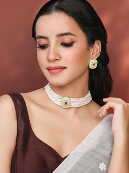 Peora - Sky Blue White Synthetic Stone Studded Necklace Stud Earrings (Set of 2)