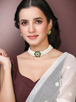 Peora - Green White Synthetic Stone Studded Meenakari Necklace Stud Earrings (Set of 2)