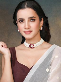 Peora - Rani Pink Synthetic Stone Studded Necklace Earrings Jewellery for Women (Set of 2)