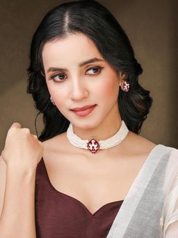 Peora - Rani Pink Synthetic Stone Studded Necklace Earrings Jewellery for Women (Set of 2)