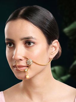 Peora - Gold Plated White Kundan and Beads Studded Nathiya Non-Piercing Nath with Chain