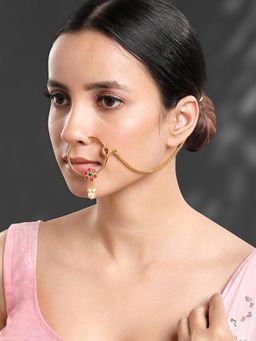 Peora - Gold Plated Red Green Stone Studded Nathiya Non-Piercing Nath with Chain