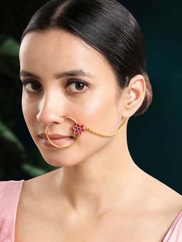 Peora - Gold Plated Red Green Stone Studded Nathiya Non-Piercing Nath with Chain