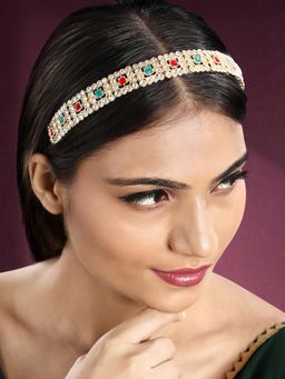 Peora - Gold Plated Red Green Kundan Studded Ethnic Hair Band Fashion Jewellery