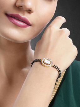 Peora - Gold Plated CZ Synthetic Stone and Black Beads Studded Openable Bracelet for Women Girls